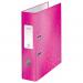 In this photograph, there are 10 pink ACCO Brands Lever Arch Files displayed side by side. Each file has a laminated paper cover on board and measures 80mm in spine width. The files are all in A4 size and have the distinctive Leitz Wow design. The pink color is bright and eye-catching, adding a pop of color to any workspace. The files are neatly stacked and organized, waiting to be filled with important documents and papers.