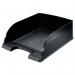 This picture features sleek, black letter trays from ACCO Brands Leitz Plus collection. The jumbo A4 size allows for ample storage and organization of papers in a vertical, portrait orientation. The trays have a modern design and are made for efficient use on a desk or workspace.