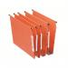 This photograph features a bright orange ACCO Brands Lateral Filing Esselte Orgarex A4 Lateral Suspension File Card with a V base. A pack of 25 files can be seen, neatly organized and ready for office use. The file has a sturdy and professional appearance, making it ideal for any work setting.