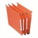 The photo shows a pack of 25 vibrant orange Esselte Orgarex A4 lateral suspension files with a 30mm base from ACCO Brands. Each file has a smooth surface and is labeled with its contents for easy organization.