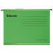 The photograph showcases a set of 25 green, A4-sized suspension files, each with a 15mm V-shaped base, from ACCO Brands. The Esselte Classic design is evident in the sturdy board material and the suspension mechanism. These files are perfect for organizing and storing important papers.