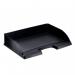 This photograph captures a sleek and modern ACCO Brands Letter Tray from their Leitz Plus collection. The tray is designed to hold A4 and Foolscap sized papers and is displayed in a stylish landscape orientation. The black color adds a touch of sophistication to any workspace.