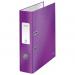 The image shows a pack of 10 purple lever arch files from ACCO Brands. They are made of laminated paper on board and have a 80mm spine width. The brand Leitz 180 WOW is printed on the side of the files. The files have a sleek and modern design, with a curved spine and smooth finish. The front and back covers are sturdy and durable. The files are designed to fit A4 sized documents and have a capacity of 80mm. Overall, the image portrays a set of quality and stylish lever arch files, perfect for organizing and storing important documents.