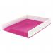 This photo features a modern and stylish ACCO Brands Leitz WOW Dual Colour Letter Tray. The A4/Foolscap sized trays are arranged in a portrait orientation, with one in white and the other in pink. The trays are perfect for organizing and storing papers in a vibrant and eye-catching way.