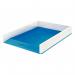 This striking photograph showcases a set of ACCO Brands Letter Trays in the Leitz WOW collection. The dual-colour design features a white base with a bold blue top, perfect for storing A4 or foolscap documents in portrait orientation.