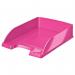 This image shows a vibrant pink ACCO Brands letter tray from the Leitz WOW collection. The tray is designed for A4 size paper and is in a portrait orientation. The clean lines and sleek design make it a stylish addition to any workspace.