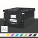 The photograph showcases a sleek black Leitz Click & Store Storage Box from ACCO Brands. The medium-sized box features a durable design and easy-to-use click closure, perfect for organizing and storing various items.