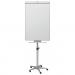 The picture shows a sleek and modern grey easel, fully mobile for ease of use. It features a magnetic surface measuring 745x690mm for attaching notes or presentations. The flipchart pad is supported by a sturdy Nobo Barracuda stand, making it perfect for presentations and meetings.