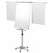 In the photo, a sleek silver flipchart easel is shown with its extension arms fully extended, offering ample space for notes and ideas. The magnetic surface is clean and clutter-free, ready to hold important documents and visual aids. The easel is mobile and easily portable, featuring smooth rolling wheels. The accompanying pad is neatly secured to the top of the easel, providing a sturdy platform for presentations and brainstorming sessions. The overall appearance is professional and modern, making it an ideal addition to any meeting or conference room.
