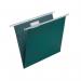 The photograph shows a pack of 50 green, A4 size suspension files from ACCO Brands. Each file has a classic crystalfile design and is made of sturdy manilla material. The 15mm V-shaped base allows for easy suspension and organization of documents.