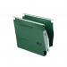 The image shows a pack of 25 green lateral suspension files from ACCO Brands, made of durable polypropylene material with a 30mm capacity. Each file features the Rexel Crystalfile Extra 275 design, making it perfect for foolscap-sized documents.