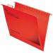 This photograph showcases a pack of 50 Red ACCO Brands Suspension Filing Rexel Flexifile Foolscap Lateral Suspension File Manilla. Each file features a 15mm V Base and a sturdy design, ideal for organizing and storing important documents. The vibrant red color adds a pop of color to any filing system. The suspension files are neatly stacked and ready to be used.