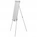 In the photo, there is a sleek, silver tripod flipchart easel standing tall with a compact 680x680mm magnetic surface. The easel features the brand name Nobo Classic Nano Clean in bold letters. There is a vertical marker tray attached to one side of the easel, adding convenience for users. The clean design of the easel makes it a modern and professional addition to any workspace.