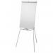 The photograph shows a sleek and modern silver tripod flipchart easel, with clean lines and a compact design. The easel features a magnetic surface, perfect for displaying notes or diagrams during presentations. The included pads are Nobo Classic Nano Clean, measuring 680x680mm. This versatile set by ACCO Brands is ideal for use in offices, classrooms, and meeting rooms.