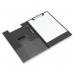 This picture features a black Rapesco Foldover Clipboard with a PVC cover. The A4/Foolscap size makes it perfect for both standard and larger documents. The sleek design and durable materials make it a reliable choice for any office setting.