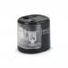 This picture shows Rapesco Office Products Plcs black PS12-USB automatic double hole pencil sharpener, powered by a USB battery. The sleek design and dual sharpening capabilities make it perfect for any office or classroom.