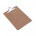 A photo of Rapesco Office Products Plc Clipboards shows a stack of durable, brown hardboard clipboards with silver metal clips. The A4Foolscap size and Rapesco logo are visible on each board.