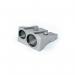 This image features a ValueX Double Hole Pencil Sharpener Metal, with a sleek, silver design. The two sharpeners are made with high-quality materials and have a durable construction. The sharpener is compact and easy to use, making it perfect for both home and office settings.