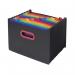 In the image, we see a stack of colorful expanding files, arranged neatly on a desk. The files are made of sturdy polypropylene material and are labeled with 13 different categories. Some files are vibrant rainbow colors, while others are a sleek black. The files are spread out, showcasing their large capacity and easily accessible design. A label on the front reads Snopake Brands Expanding Files, indicating their high quality and reliability. The overall look is organized, professional, and perfect for keeping documents in order.