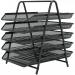 This picture features a set of 5 wire mesh letter trays from Osco Europe. The trays are tiered and can hold both A4 and foolscap sized documents in a graphite color.