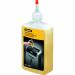 This image shows a bottle of Fellowes Powershred Performance Oil, specially designed for Fellowes Cross Cut and Micro Cut Shredders. The sleek black and silver packaging features the Fellowes logo and product name, with the oil clearly labeled as being 355ml in volume. The oil itself is a clear, transparent liquid, reflecting the light in a subtle manner. The bottle has a convenient nozzle for easy application.
