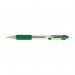 The photograph showcases a pack of 12 Zebra Z-Grip retractable ballpoint pens in vibrant green. The pens have a 1.0mm tip and are from the popular Zebra Pen Ballpoint pens line. The pens feature a sleek and modern design with a comfortable grip for easy writing.