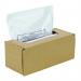 A photo of Fellowes Shredder Bags shows a pack of 50 clear bags designed specifically for 60-75 litre shredders. The bags are durable and fit securely over the shredder bin for easy disposal of shredded waste.