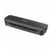 The picture shows a sleek and modern black Fellowes Arc A4 laminator. Its compact design features the Fellowes logo in silver and a clear control panel with buttons and indicators. The machine is in use with a document being fed through the front, producing a perfectly laminated result.