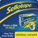 The photograph shows 16 rolls of Sellotape Sticky Tapes, with each roll measuring 18mm x 66m. The tape is golden in color and is labelled as Original and Extra Sticky. It is wrapped in plastic packaging and has a distinctive Sellotape logo. The rolls are neatly stacked in a pack, ready to be used for any sticking needs.