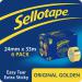 In the picture, there are six rolls of Sellotape Sticky Tapes in their original packaging. Each roll is 24mm wide and 33m long. The tape is a shiny golden color and has the classic Sellotape logo imprinted on it. The packaging states that it is extra sticky and easy to tear.