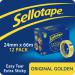 This image features a pack of 12 Sellotape Original Easy Tear Extra Sticky Golden Tapes, each measuring 24mm x 66m. The tapes are neatly stacked on top of each other, showing their golden color and Sellotape branding. The packaging is simple and compact, making it easy to store and use.