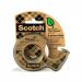 The image shows a 3M Eco Desk Essentials Scotch Magic Tape Greener Choice with a recycled dispenser. The tape is 19mm wide and 20m long, and the dispenser is green and white. The tape is wound neatly around the dispenser, ready to be used for any office task.