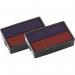 The photo shows two COLOP stamp pads, one blue and one red, with the COLOP logo and name printed on them. Each pad fits into the COLOP self-inking mini text and date stamp. The ink is visible in the pads, ready to be used for stamping.