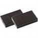 The image shows two black COLOP E200 replacement ink stamp pads, specifically designed to be used with the COLOP Green Line Dial-A-Phrase Stamp. The pads are rectangular in shape and labeled with the COLOP logo. The pads have a smooth, glossy finish and are stacked on top of each other. The black ink contrasts starkly against the white background, giving a professional and clean look.