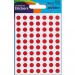 The photograph shows a pack of Avery UK stickers with red coloured round labels, each measuring 8mm in diameter. The pack contains 10 sheets with a total of 560 labels.