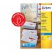 This photograph shows a stack of Avery UK address labels. The labels are white in color and measure 99.1x38.1mm, with 14 labels per A4 sheet. The pack contains 1400 labels and is labeled as J8163-100 43600AV.