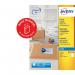 This photograph shows a sheet of Avery UK address labels, with one label per A4 sheet. The labels are white and designed for use with inkjet printers. Each sheet has dimensions of 200x289mm. This pack contains 100 labels.