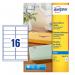 This image shows a sheet with 16 small, clear labels printed on it. Each label measures 99x34mm and they are designed for use with inkjet printers. The labels are packaged in a pack of 400 and are made by Avery UK.