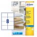 This image shows a sheet of clear Avery UK address labels, with a total of 8 labels on an A4 size sheet. The labels are specifically designed for inkjet printing and measure 99.1x67.7mm. A pack contains 200 labels and they are identified by the product code J8565-25 or 43761AV.
