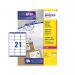 This picture shows a sheet of Avery UK address labels, with 21 labels per A4 sheet. The labels are 63.5x38.1mm and are colored white. The pack contains 2100 labels in total, with the product name L7160-100. The top label shows the Avery logo and the product code 44090AV.