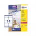 The image shows a sheet of Avery UK Address Labels with 14 labels per A4 sheet. The labels are laser-printed and measure 99.1x38.1mm each. The background is white, with crisp and clear text in black. The pack includes 3500 labels and is labeled as L7163-250.