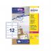 The image shows a sheet of 12 white address labels, each measuring 63.5 x 72mm, with the brand name Avery at the top. The labels are designed for use with laser printers and come in a pack of 1200.