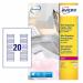 In the photo, there is a stack of Avery UK Laser Labels, specifically the Avery Laser Mini Label measuring 55x122mm and containing 25 labels per A4 sheet. The labels are transparent or clear in color and the pack contains a total of 500 labels. The product code is visible on the packaging as L7552-25 and 44398AV.