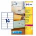 The Avery Address Labels are clear and measure 99x38mm, with 14 labels per A4 sheet. This pack contains 350 labels total. The labels are designed for laser printers and feature the Avery brand name in the top corner. The clear material allows for easy visibility of printed text or images.