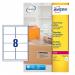 The photograph shows a pack of 200 Avery UK address labels. Each label is 99x67.7mm and there are 8 labels per A4 sheet. The labels are clear and can be used with a laser printer.
