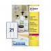 The photo shows a sheet of crystal clear Avery UK laser labels, each measuring 63.5x38.1mm. There are 21 labels on each A4 sheet, for a total of 525 labels in the pack. The labels are neatly arranged and have a professional, clean appearance. They are perfect for labeling and organizing documents, products, or other items.