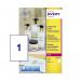 The image shows a pack of Avery UK Laser Labels. These labels are transparent and measure 210x297mm, with 1 label per A4 sheet. The pack contains 25 labels, with the product code L7784-25 and 44622AV visible on the packaging.