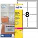 This picture shows a sheet of Avery UK address labels, specifically the laser weatherproof parcel label. The labels are white with a size of 99x67mm and there are 8 labels per A4 sheet. This pack contains 200 labels and the product code is L7993-25 44657AV.