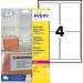 The image shows a sheet of white Avery UK address labels, with dimensions of 99x139mm and 4 labels per A4 sheet. The labels are laser weatherproof and there are 100 labels in the pack.