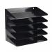 This photo features sleek, black Avery 5-tier steel letter trays resting on a durable rack. These letter trays are designed for both A4 and Foolscap landscape paper, providing ample storage space and organization for any office setting.